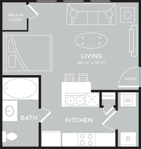 Floor plan for studio, 1 bath, 430 sqft